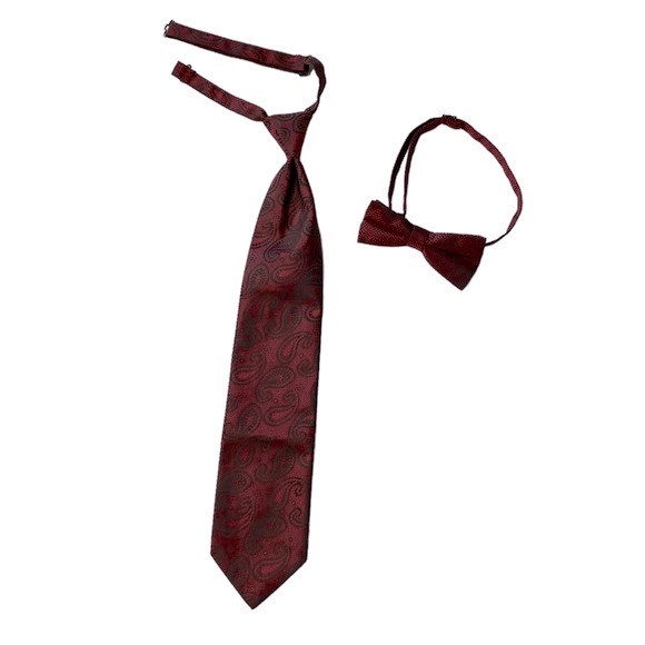 Pronto Uomo Formal Tie Set Pre-Tied Adjustable Burgundy Paisley and Black - Picture 2 of 14